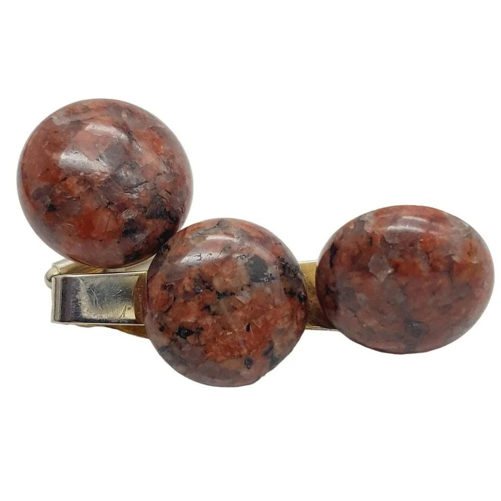 Red Jasper Cufflinks Tie Bar Set Chunky Round Stone Clip Clasp Suit Vintage 70s